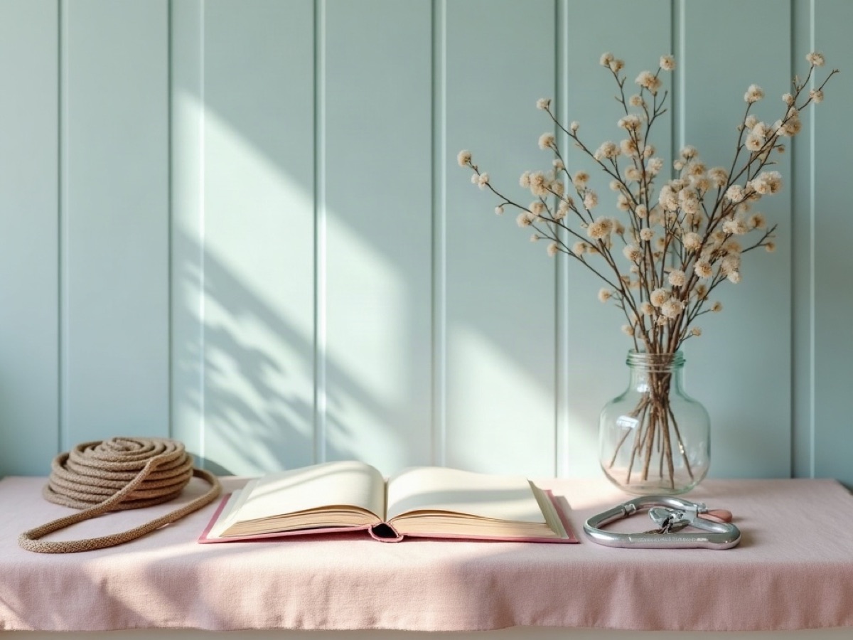 Shop counter with coiled rope, an open book, manuka in a glass jar, and a climbing carabiner