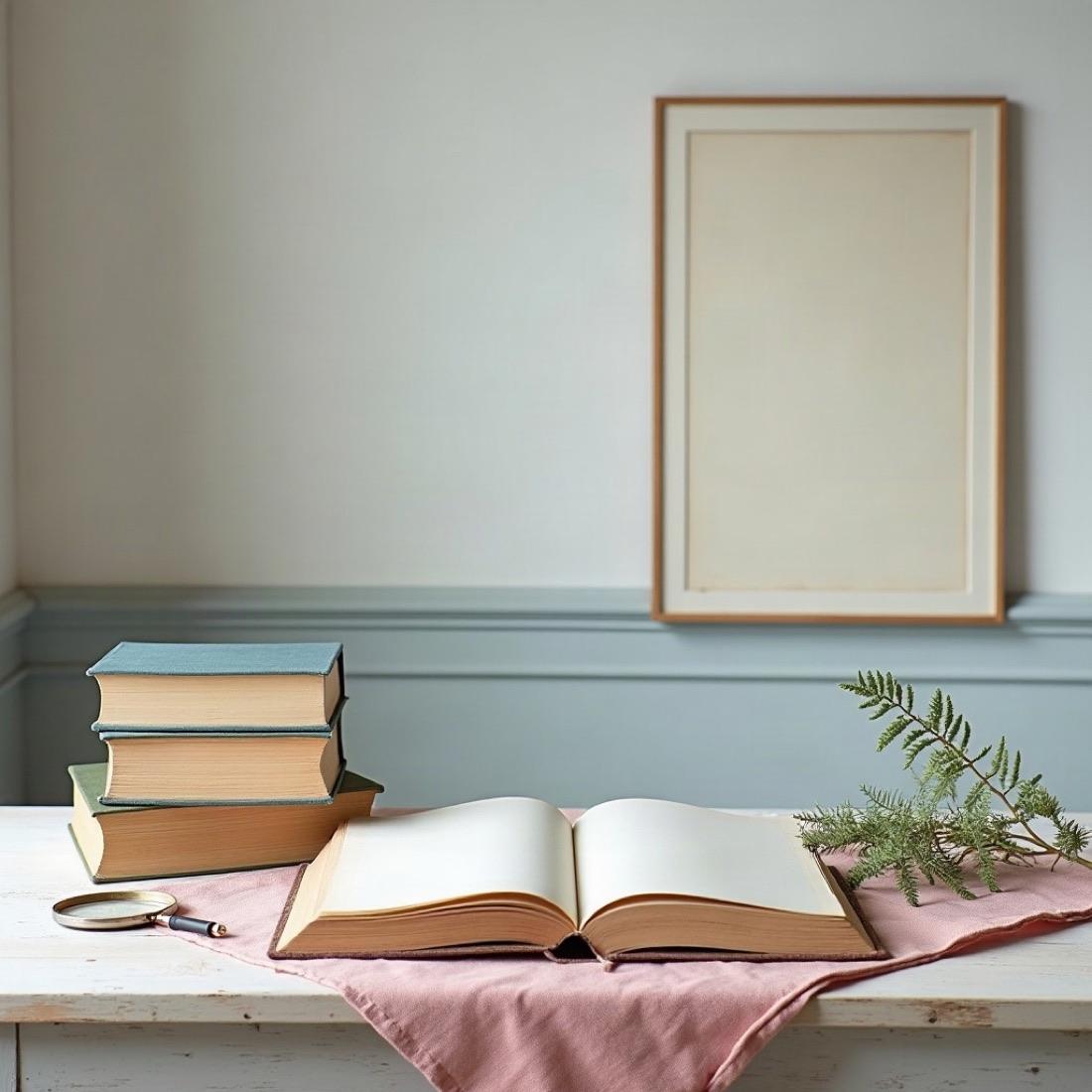 Stacked clothbound books, open atlas, and a magnifying glass on pale oak