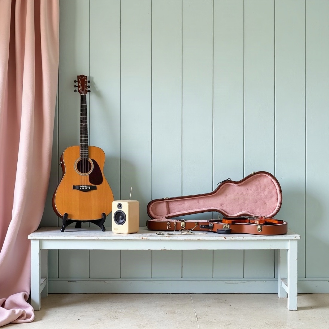 Acoustic guitar, open violin case, and a compact monitor on a whitewashed bench