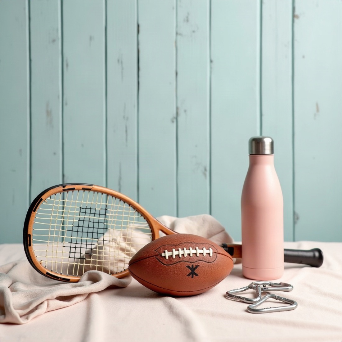 Tennis racket, leather football, pink bottle, and climbing carabiners on blush linen